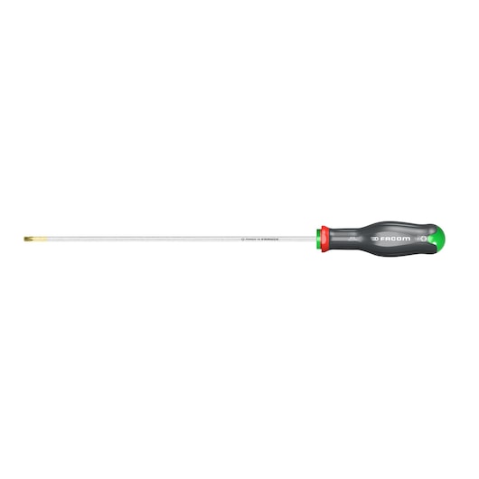 Facom ATX25X275 long flathead screwdriver with black and green handle, side angle on white background.