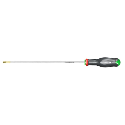 Facom long Torx screwdriver ATX27X275, black and green handle, front angle, white background.