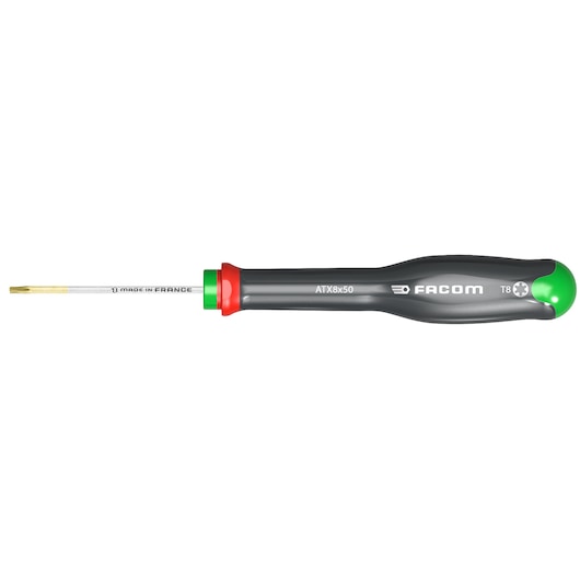 Facom ATX8X50 Torx screwdriver with black, green, and red handle, side view on white background.