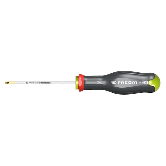 Facom ATXP25X100 Torx screwdriver with black ergonomic handle, yellow tip, side angle, white background.