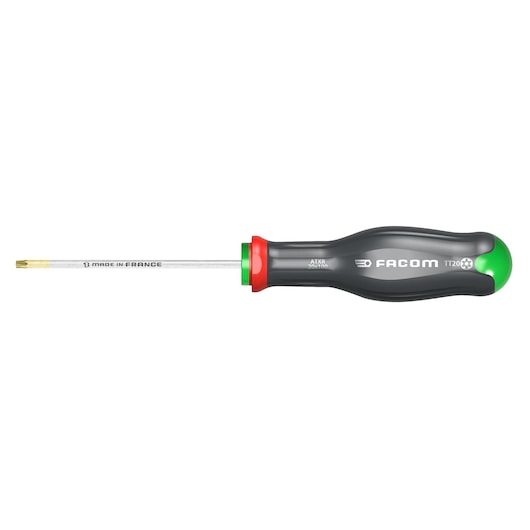Facom ATXR40X150 precision screwdriver with black and green ergonomic handle, photographed from the side on white background.