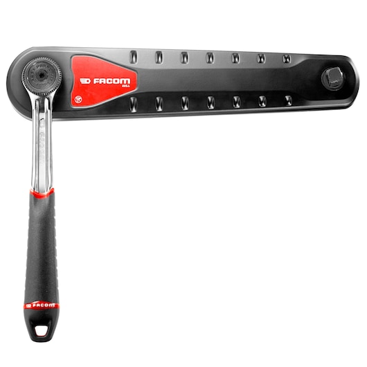 Facom ratchet wrench with black and red handle, side angle, SKU AXS.LPB, tool photography