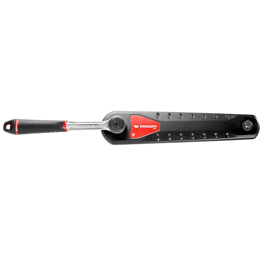 Facom AXS.LPB ratchet wrench in black and red tray, top angle on white background.