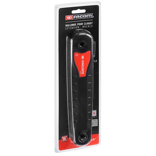 Photo of Facom AXS_M extension wrench in retail packaging, black and red, front angle, tool category.