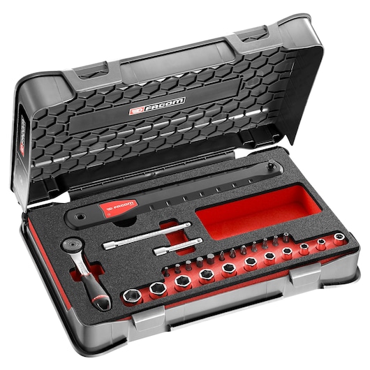 Facom AXS_SJ1 tool set with ratchet, sockets, bits in a black and red hard case, top view.