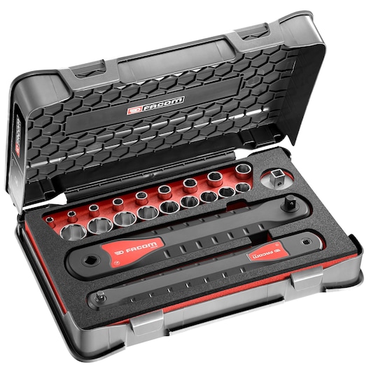 Facom AXS_SMJ1 ratchet and socket set in black and red case, product seen from above on white background.