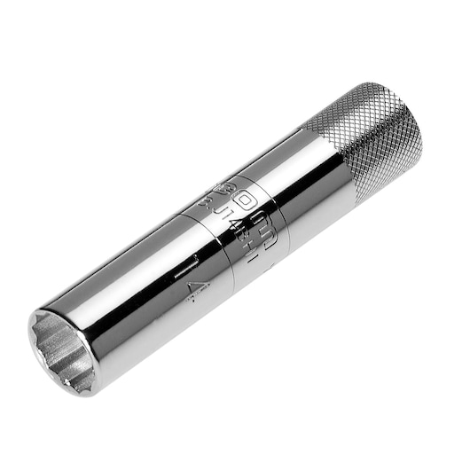 Facom BJ14BH1 chrome spark plug socket with knurled grip, side angle on white background.
