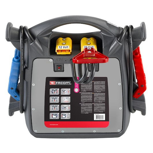 Facom jump starter B124_1A, front angle, gray and black casing with blue and red clamps, 12V and 24V connectors.