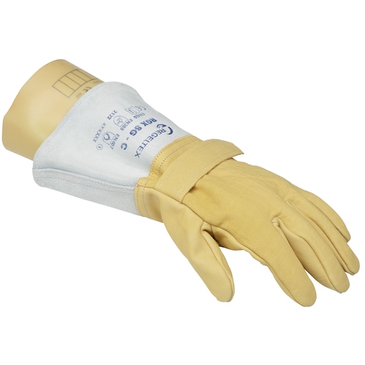 Facom BC_109VSE yellow and grey leather safety glove, long cuff, right side angle, on mannequin hand.