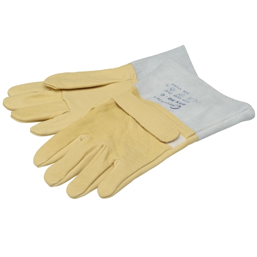 Facom BC_110VSE photography of yellow work gloves with grey cuffs, top angle, white background.