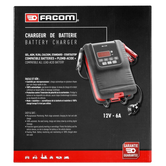 Facom BC126PB battery charger box, black with red details, shows charger unit, cables and clear product features, front angle.