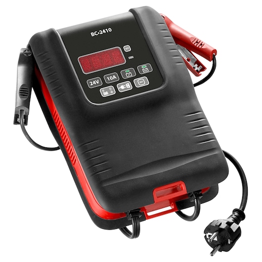 Facom BC2410PB battery charger, black and red, angled view on white background.