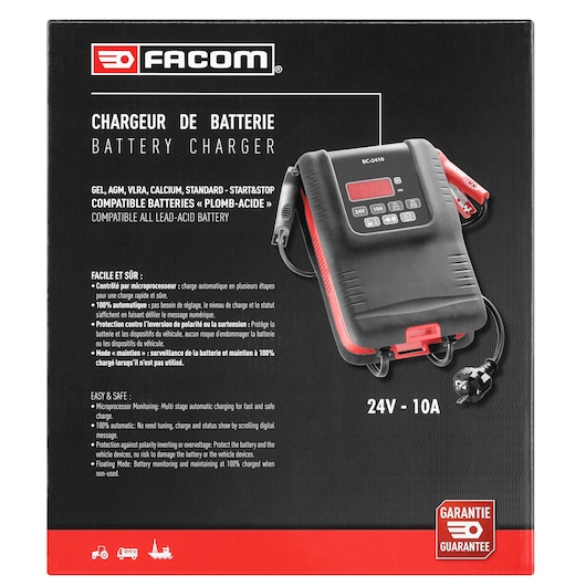 Photo of Facom BC2410PB battery charger packaging with image of charger, description, and 24V 10A rating on front, front angle.