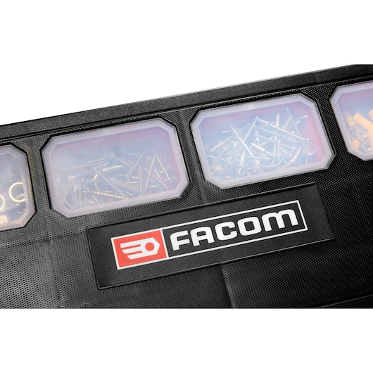 Facom organizer BP.P20APB top view with clear compartments holding assorted fasteners.