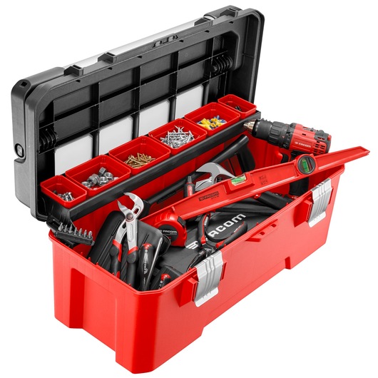 Facom BP.P26APB red toolbox filled with assorted hand tools and fasteners, photographed from front angle.