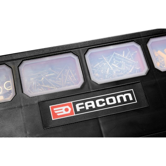 Photo of Facom BP.P26APB organizer box lid with transparent compartments showing screws and hardware, top angle.