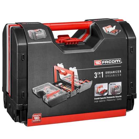 Facom BP_Z46APB tool organizer case with red handle, black body, and modular compartments, product packaging side view.