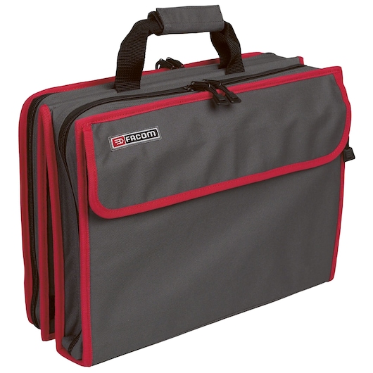 Facom BS12 gray fabric tool bag with red trim, double zipper, and black handle, side angle on white background.