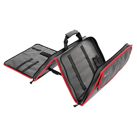 Facom BS12 tool bag, gray with black handles and red trim, open flat to show interior storage pockets, front angle.