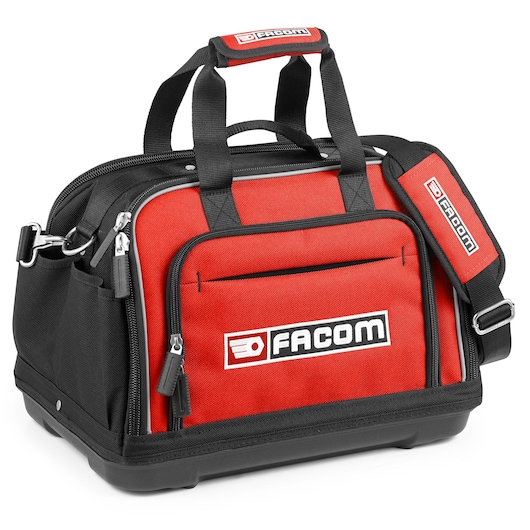 Facom BS.2SBPB red and black tool bag with handles, shoulder strap, and front zip pocket, shown at angle on white background.