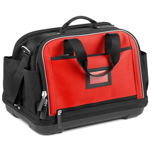 Facom BS_2SB tool bag with red front, black handles, multiple pockets, and hard base, front angle on white background.