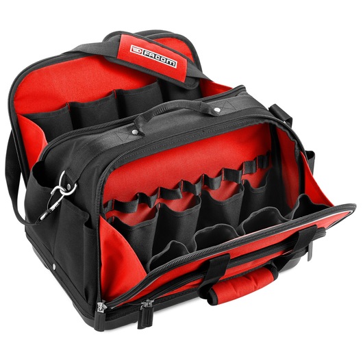 Facom BS_2SB tool bag with red and black fabric, multiple inner pockets, top view on white background.