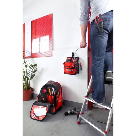 Facom BS.L30PB red tool bag and organizer in use, photography shows tools and accessories.