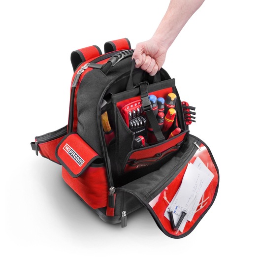 Facom BS.L30PB tool backpack in black and red, open to show organized tools and documents, front angle.