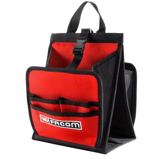 Photo of Facom BS.L30PB red and black fabric tool pouch with multiple pockets and top handle, front angle.