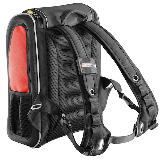 Facom BS.MCBPB black and red tool backpack, rear view showing padded straps and back, white background.