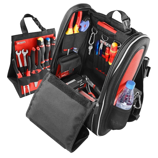 Facom BS.MCBPB tool backpack with open compartments, assorted hand tools, side pocket with water bottle, front angle.