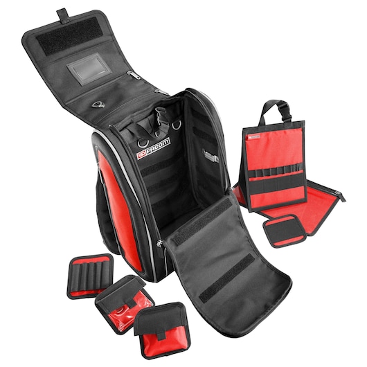 Photo of Facom BS.MCBPB modular tool backpack in black and red with multiple removable pouches on white background.