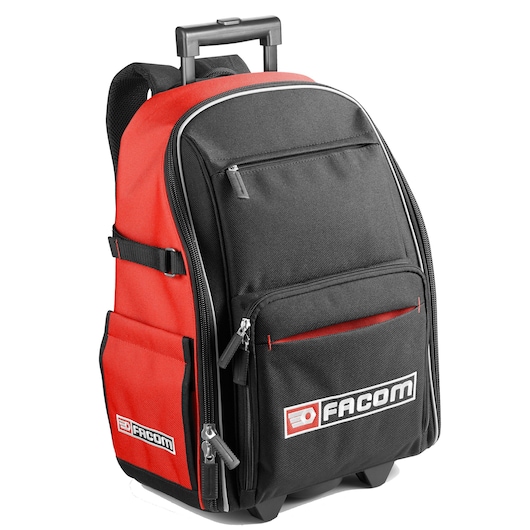 Facom BS_RB wheeled tool backpack, black and red, with front logo, multiple zippered pockets, front angle.