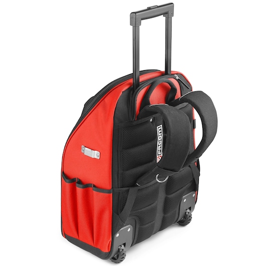 Facom BS_RB red and black rolling backpack tool bag, rear angle, with handle extended and pockets visible.