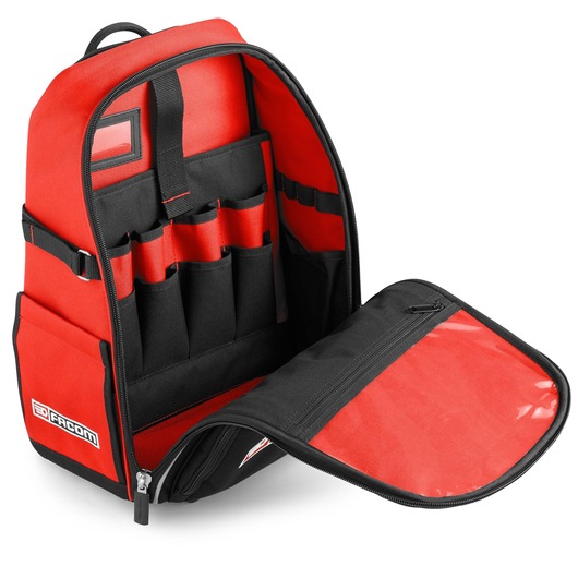 Facom BS_RB tool backpack with open front, red and black fabric, multiple inner pockets, white background