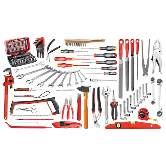 Facom BSR20_SG4A tool kit photography showing assorted wrenches, screwdrivers, pliers, and hand tools, top view.