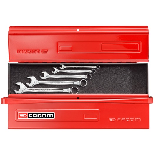 Facom BT9 red metal toolbox with six combination wrenches, photographed from front on white background.