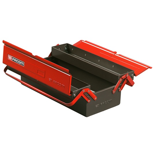 Photo of Facom BT9 metal toolbox with open red lid, showing two compartments, angled view.