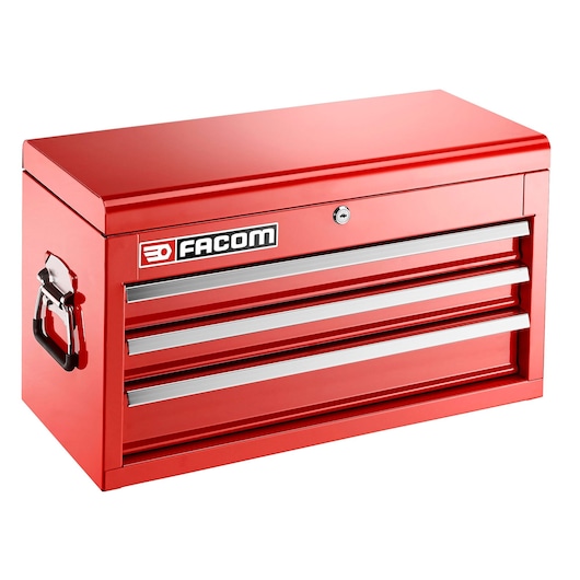 Photo of red Facom tool chest BT_C3TA with three drawers, side handles, and front logo, angled view.