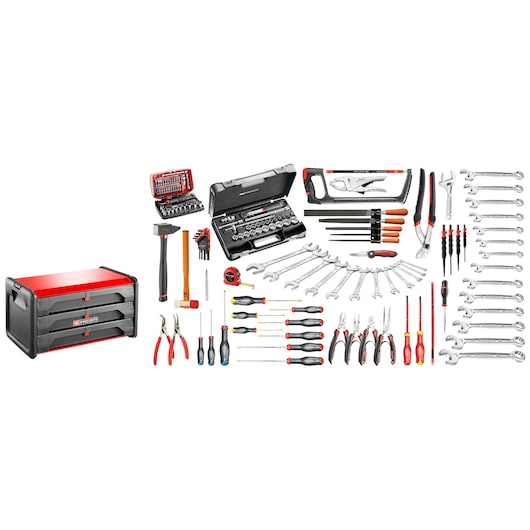 Facom BT203_M120A mechanic tool set with red and black metal toolbox, assorted hand tools, sockets, and wrenches, front view.