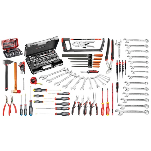 Facom BT203_M120A hand tool set with wrenches, screwdrivers, pliers, sockets, hammer, and saw, top view on white.