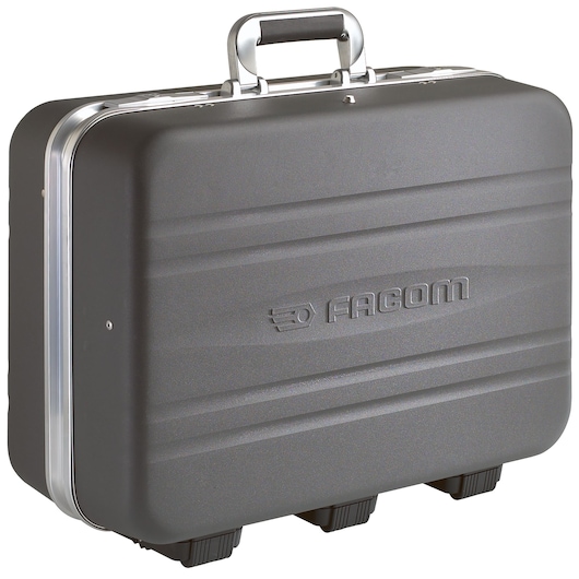 Photo of Facom BV_51A hard tool case, black with silver handle, embossed Facom logo, three feet, front angle.