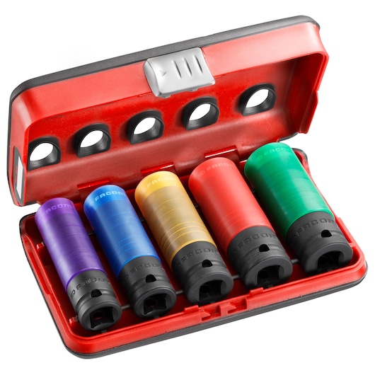 Facom BV.NSI5L colored impact socket set in red plastic case, photography of five sockets in various colors, front angle.