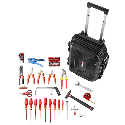 Facom BV.R30ELEC56PB tool set with black rolling hard case, assorted hand tools and screwdrivers, front angle.