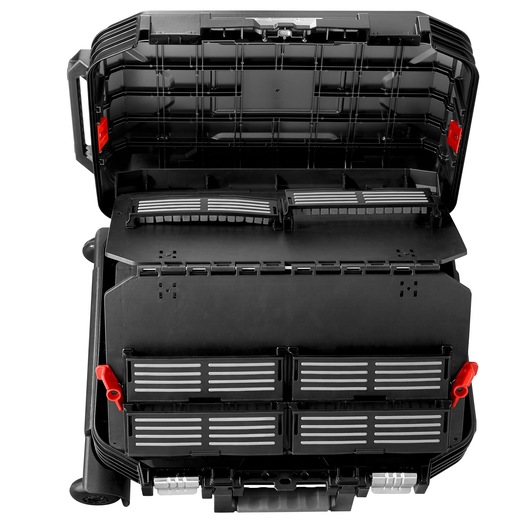 Facom BV_R30PB tool case black with red latches, open to show interior storage compartments, front angle.