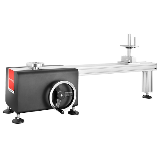 Facom CD12A photography of manual calibration bench in black and silver, side angle.