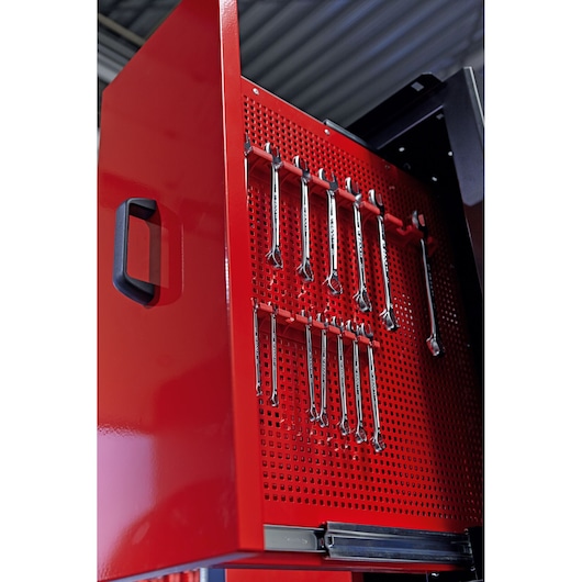 Facom CKS_101 red tool cabinet door with mounted wrenches, photography, angled view.