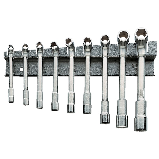 Facom CKS37A hex socket wrench set mounted on rack, silver, front angle, photography