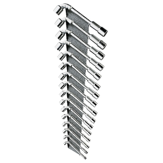Facom CKS39A set of 12 chrome double-ended box wrenches, photography, angled view on white background.