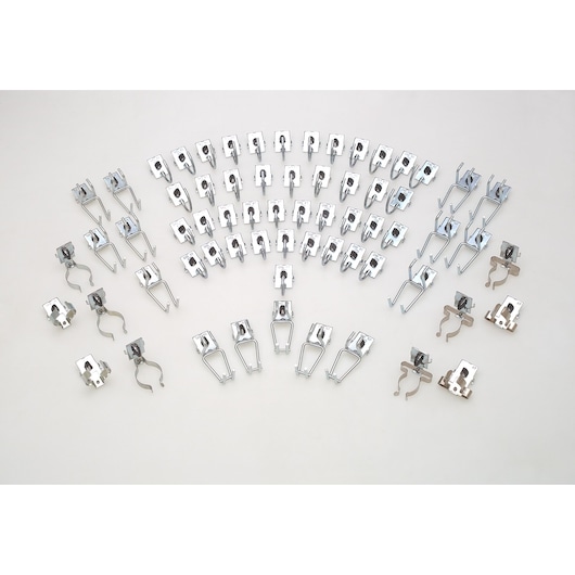 Facom CKSK2 assortment of metal pegboard hooks and clips, silver finish, photography, top view on white background.